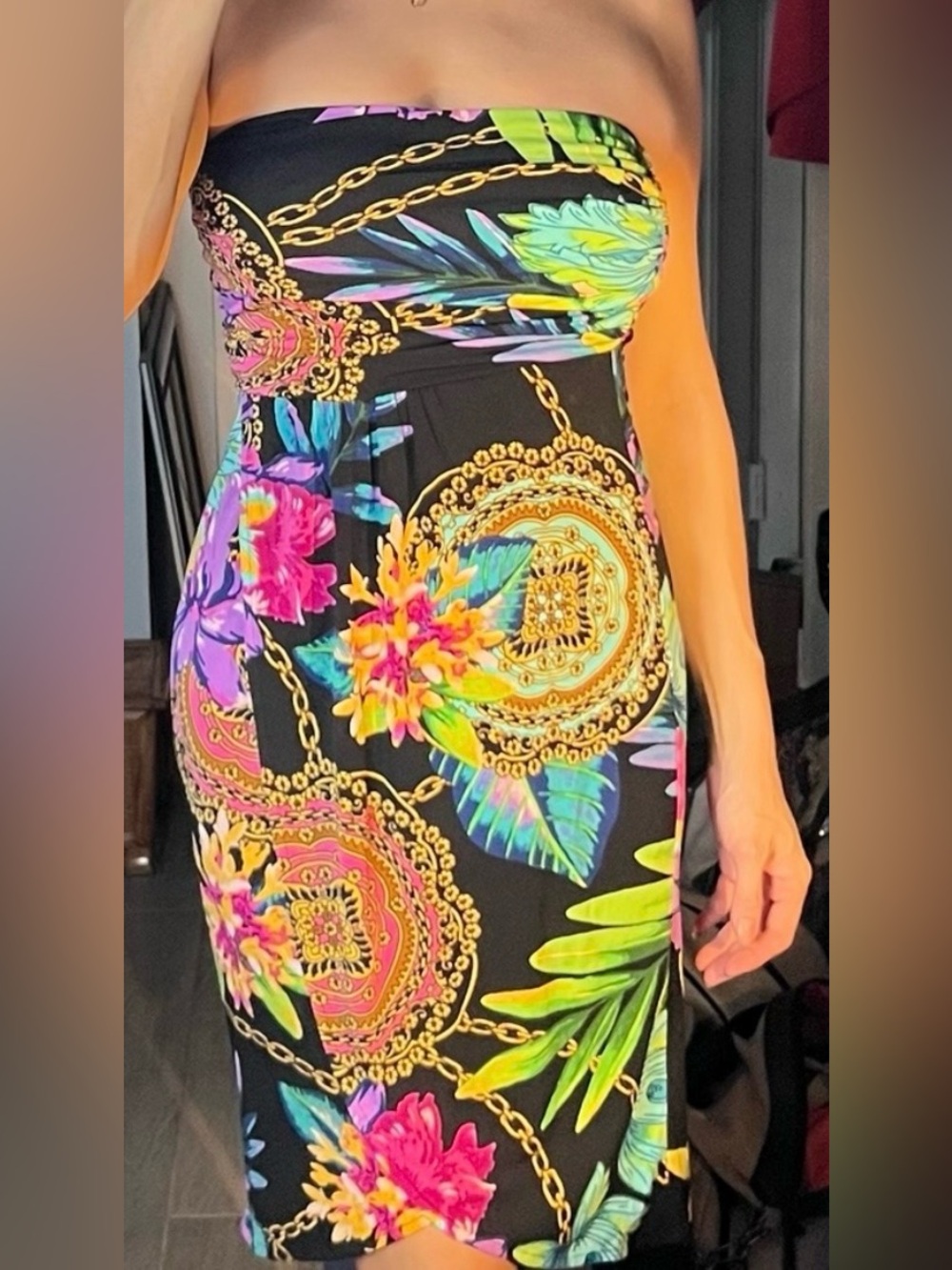Jennifer Lopez SEXY Black Strapless Tropical Print Dress chain pattern L - Picture 11 of 11